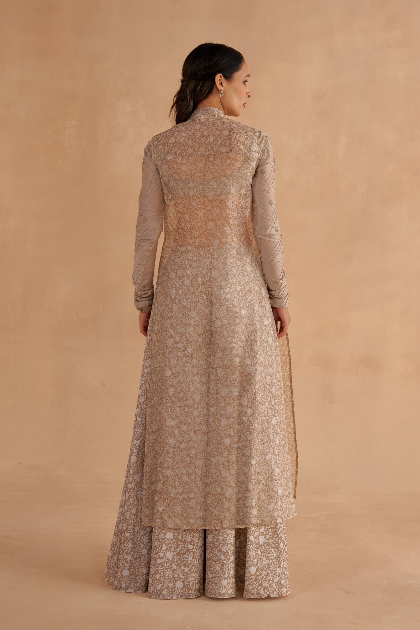 Warm Grey Chanderi Embroidered Bustier Blouse with Sheer Kurta and Flared Pants
