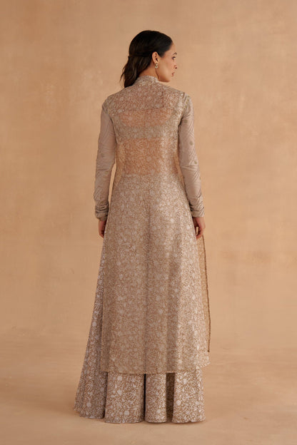 Warm Grey Chanderi Embroidered Bustier Blouse with Sheer Kurta and Flared Pants
