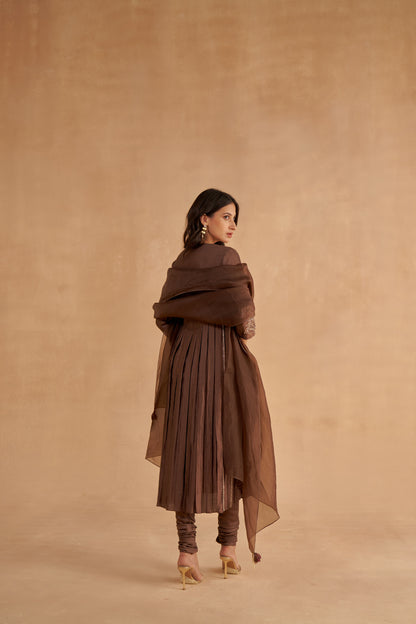 Dark Brown Fine Silk A-Line Embroidered Kurta with Churidar Pants and Organza Dupatta