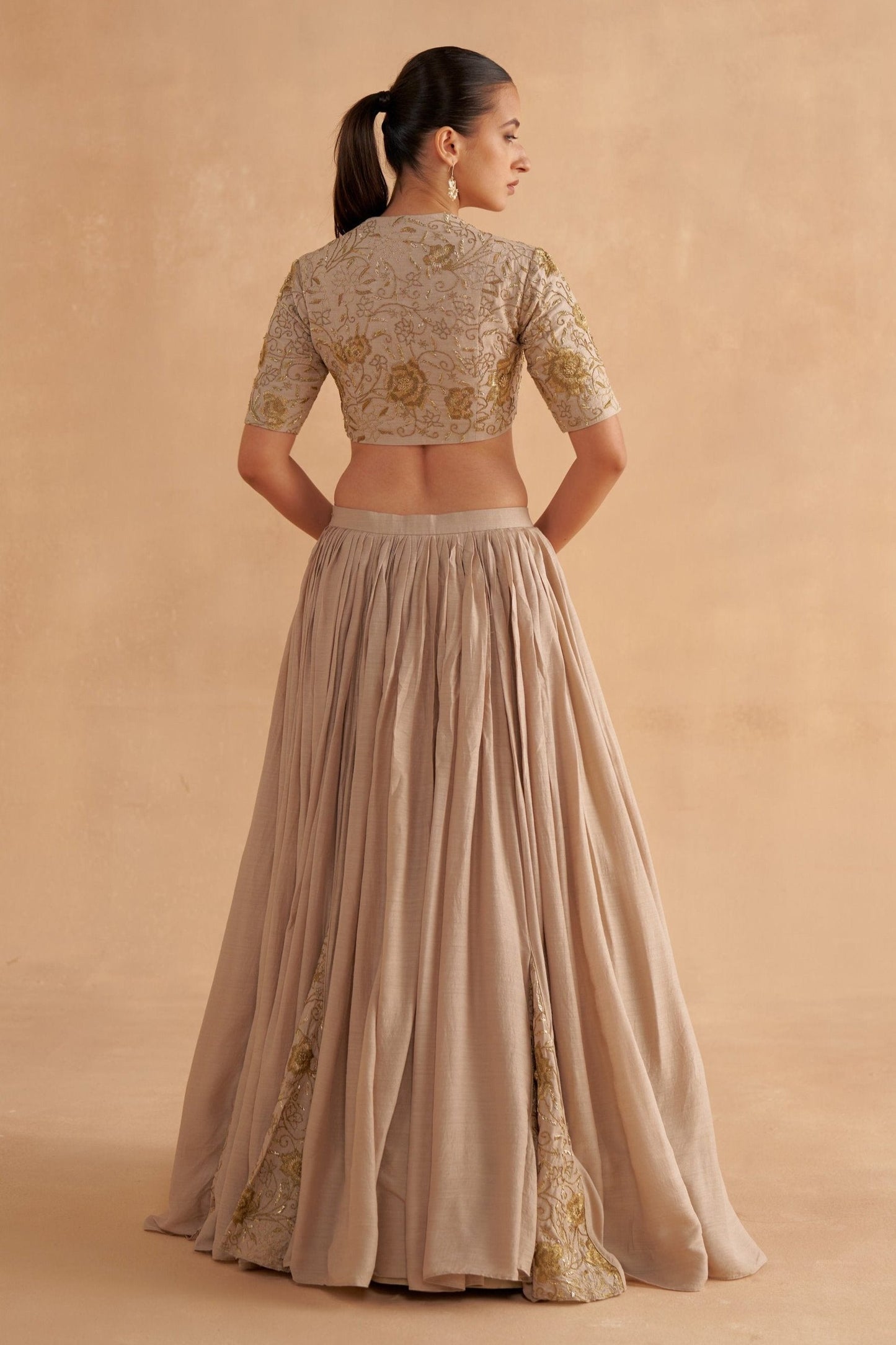Warm Grey Moonga Silk Blouse with Zardozi Embroidery Silk Lehenga and Organza Dupatta