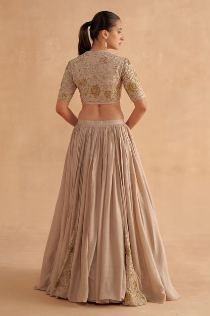 Warm Grey Moonga Silk Blouse with Zardozi Embroidery Silk Lehenga and Organza Dupatta