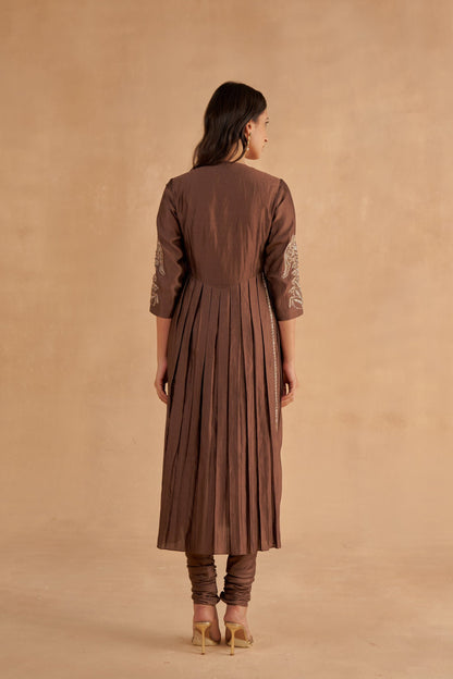 Dark Brown Fine Silk A-Line Embroidered Kurta with Churidar Pants and Organza Dupatta