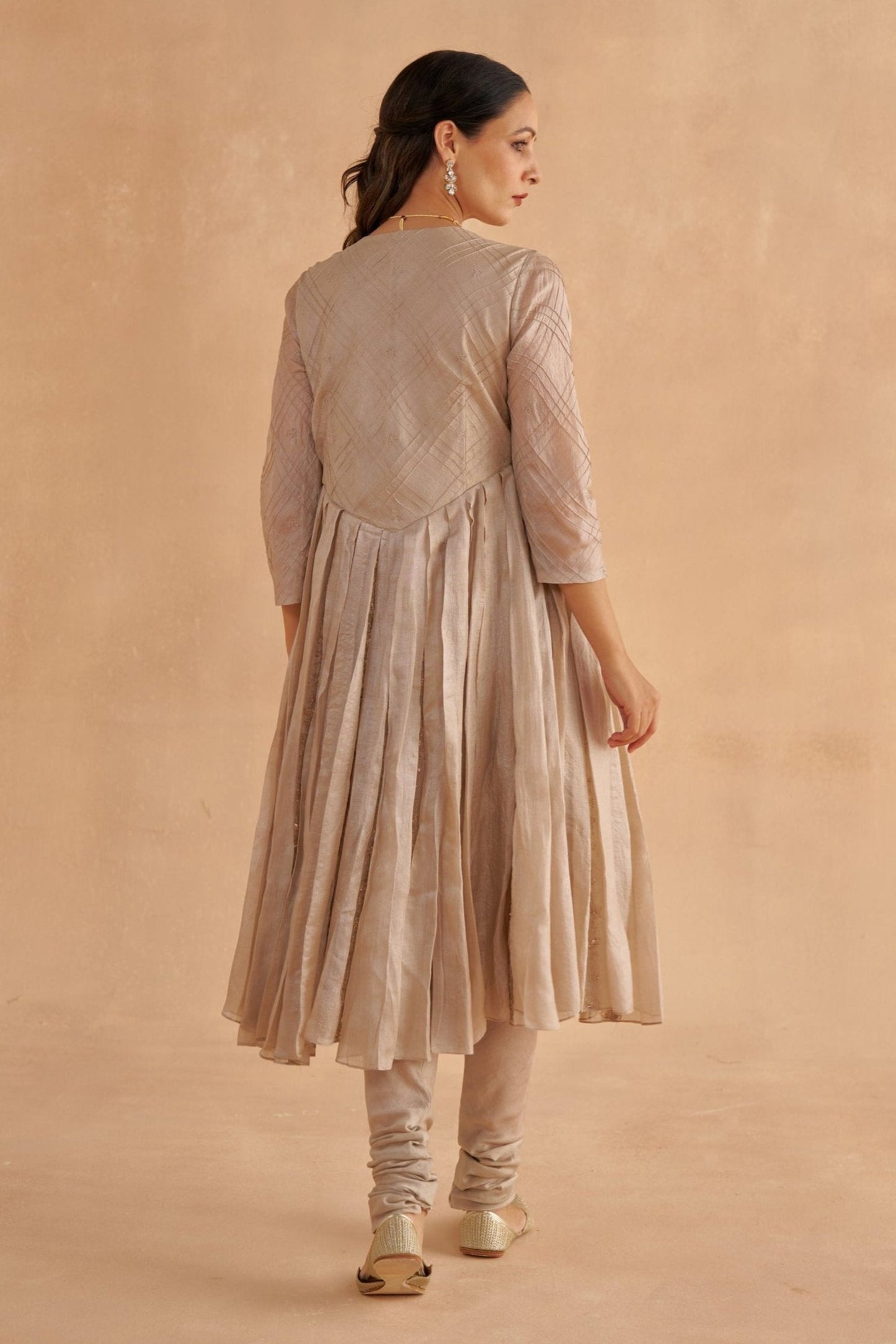 Warm Grey Embroidered Kalidar Kurta with Chanderi Churidar pants and Statement Organza Dupatta