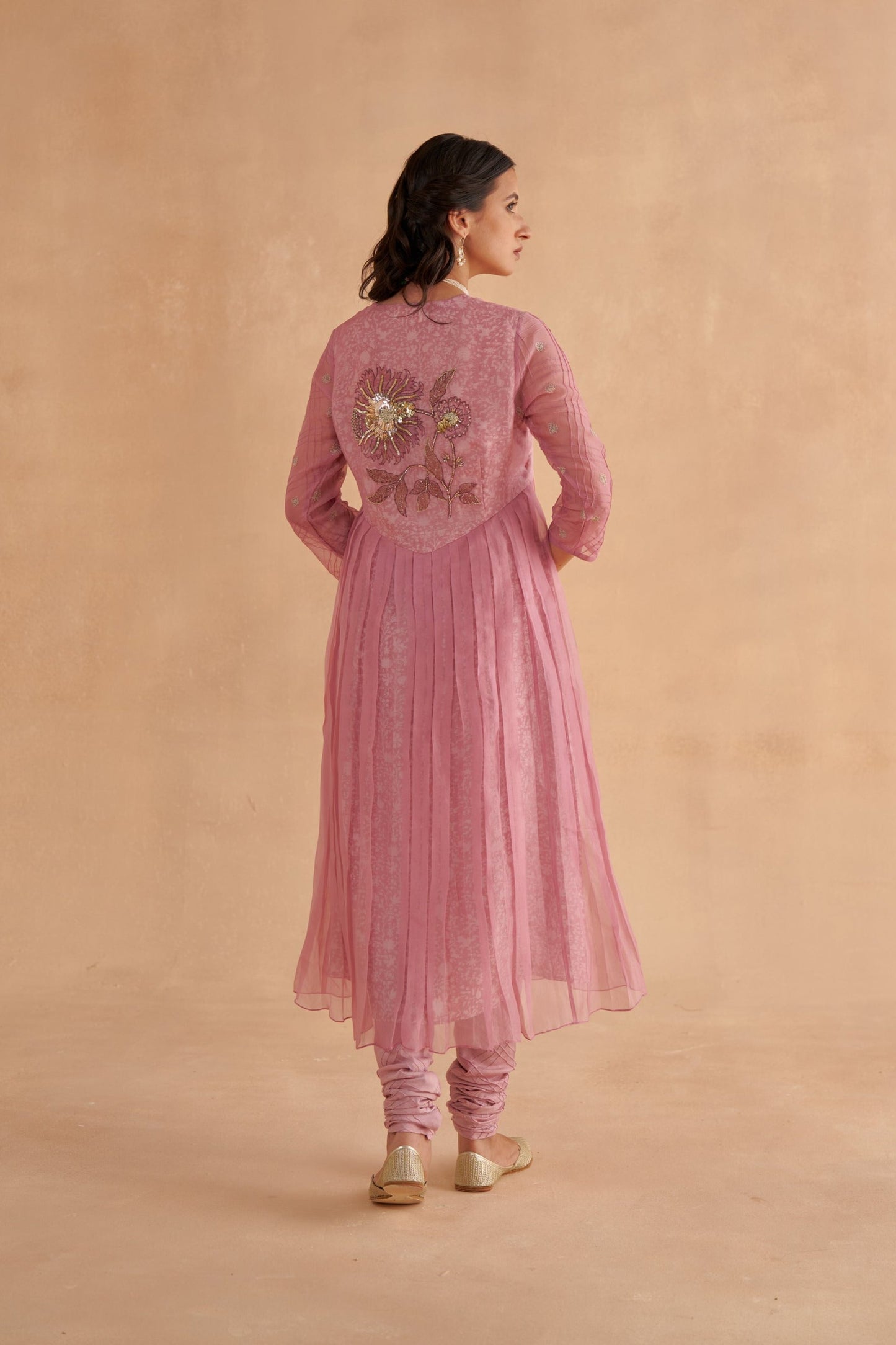 Blush Pink Organza Layered Kurta Set with Zardozi Embroidery and Patchwork Dupatta