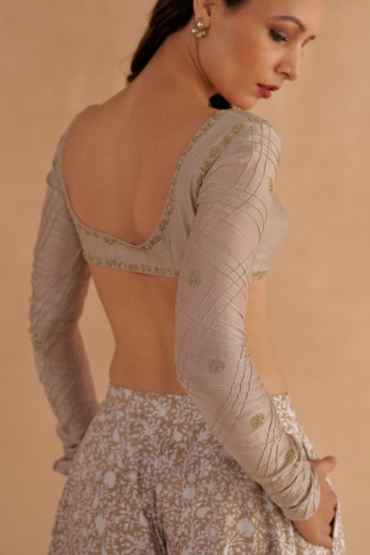 Warm Grey Chanderi Embroidered Bustier Blouse with Sheer Kurta and Flared Pants