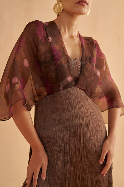 Walnut Brown Crushed Dress with Lotus-Printed Organza Overlay and Dark Brown Silk Pants with an Embroidered Bustier Blouse
