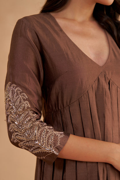 Dark Brown Fine Silk A-Line Embroidered Kurta with Churidar Pants and Organza Dupatta