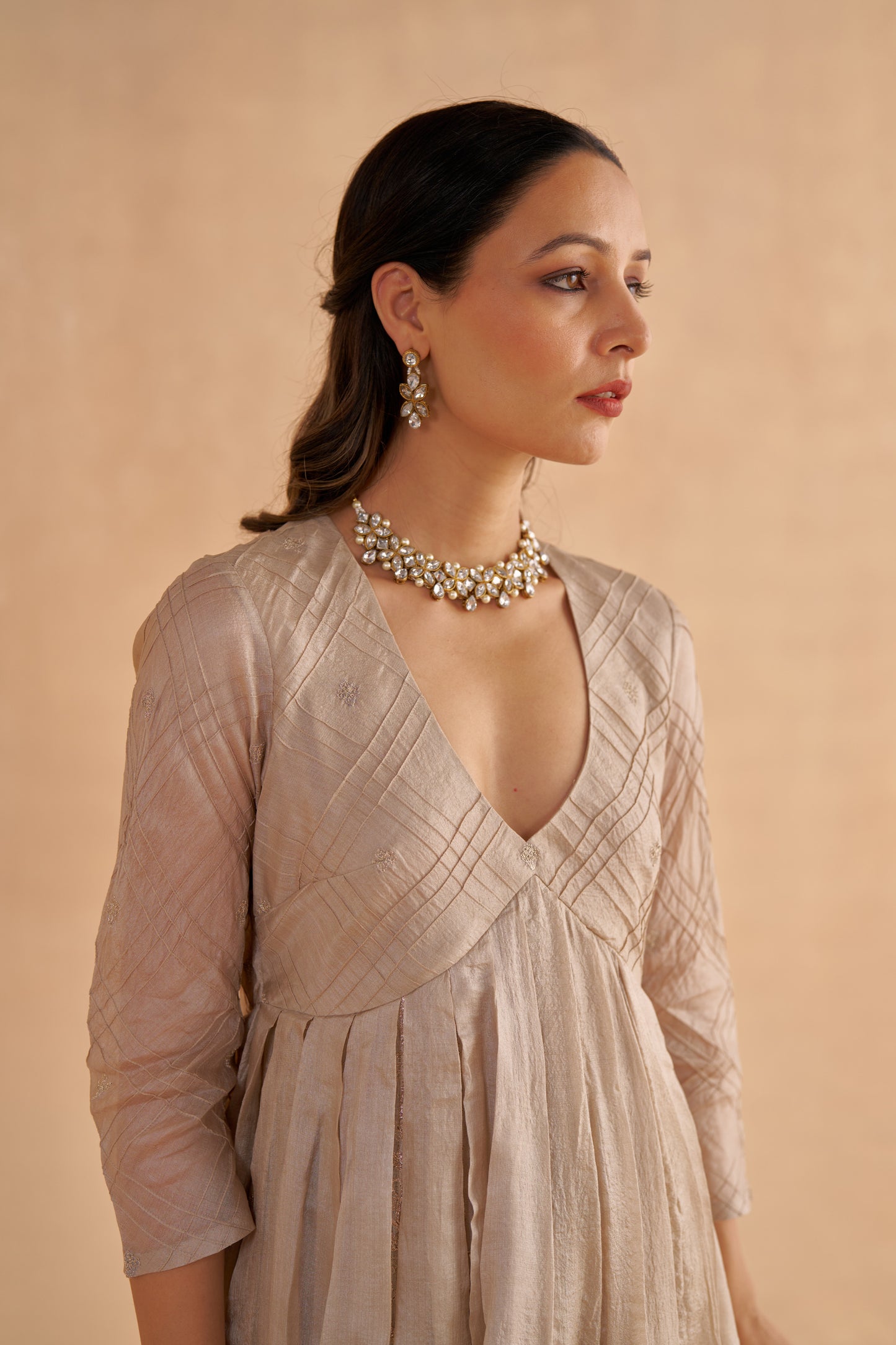 Warm Grey Embroidered Kalidar Kurta with Chanderi Churidar pants and Statement Organza Dupatta