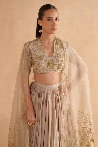 Warm Grey Moonga Silk Blouse with Zardozi Embroidery Silk Lehenga and Organza Dupatta