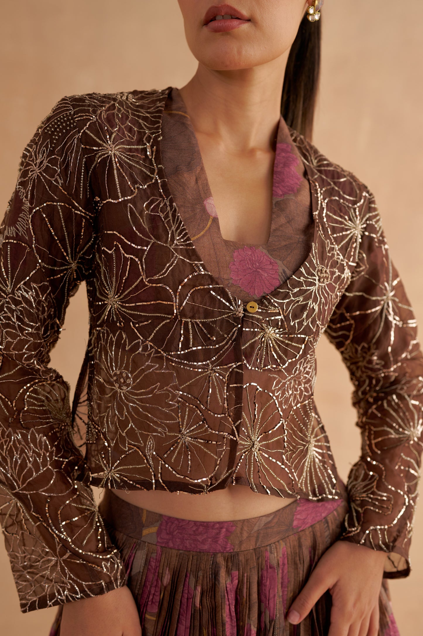 Dark Brown Organza Jacket with Lotus Motif Zardozi and Mukaish Embroidery