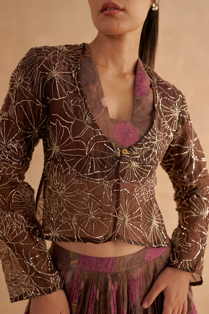 Dark Brown Organza Jacket with Lotus Motif Zardozi and Mukaish Embroidery