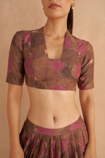 Zardozi Embroidery Paired with Brown Silk Blouse and Lotus Printed Lehenga