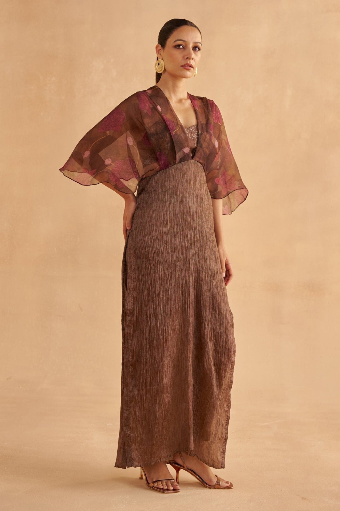Walnut Brown Crushed Dress with Lotus-Printed Organza Overlay and Dark Brown Silk Pants with an Embroidered Bustier Blouse
