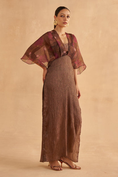 Walnut Brown Crushed Dress with Lotus-Printed Organza Overlay and Dark Brown Silk Pants with an Embroidered Bustier Blouse