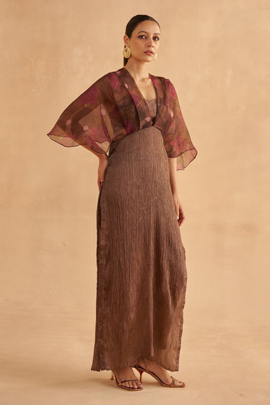 Walnut Brown Crushed Dress with Lotus-Printed Organza Overlay and Dark Brown Silk Pants with an Embroidered Bustier Blouse