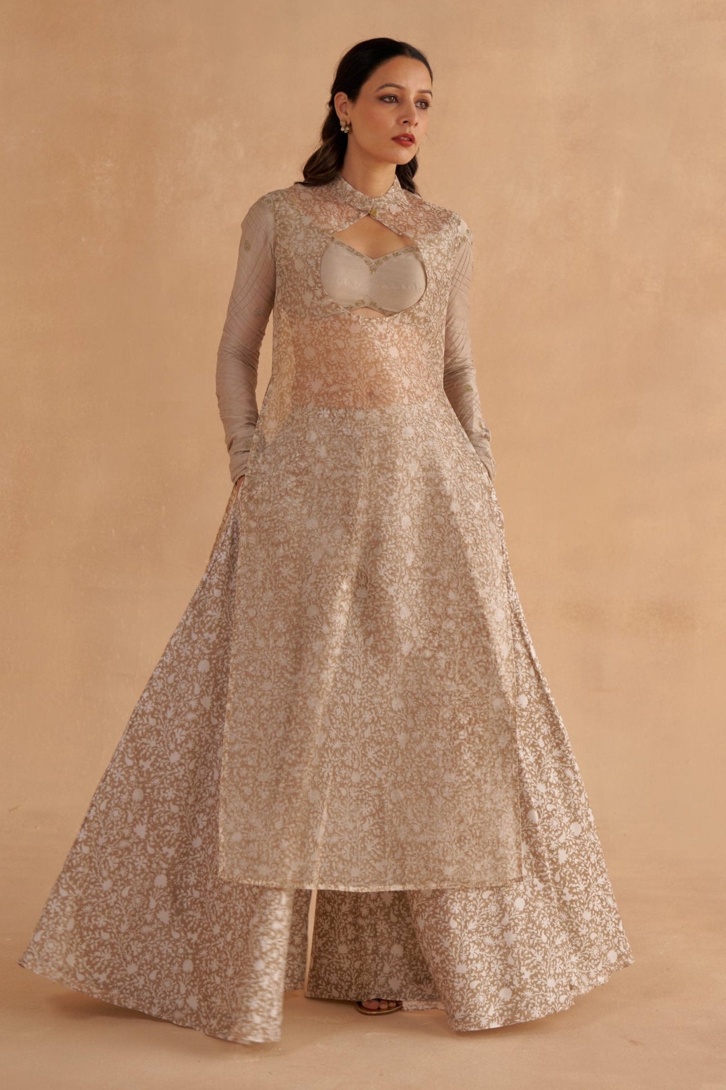 Warm Grey Chanderi Embroidered Bustier Blouse with Sheer Kurta and Flared Pants