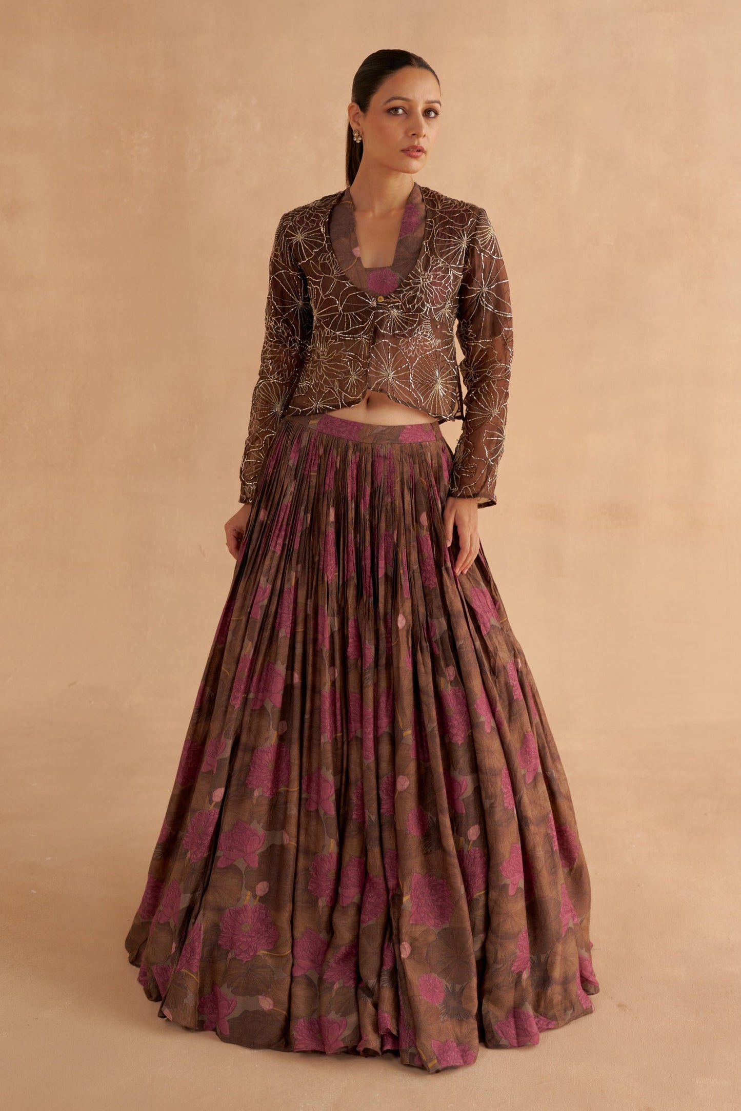 Dark Brown Organza Jacket with Lotus Motif Zardozi and Mukaish Embroidery