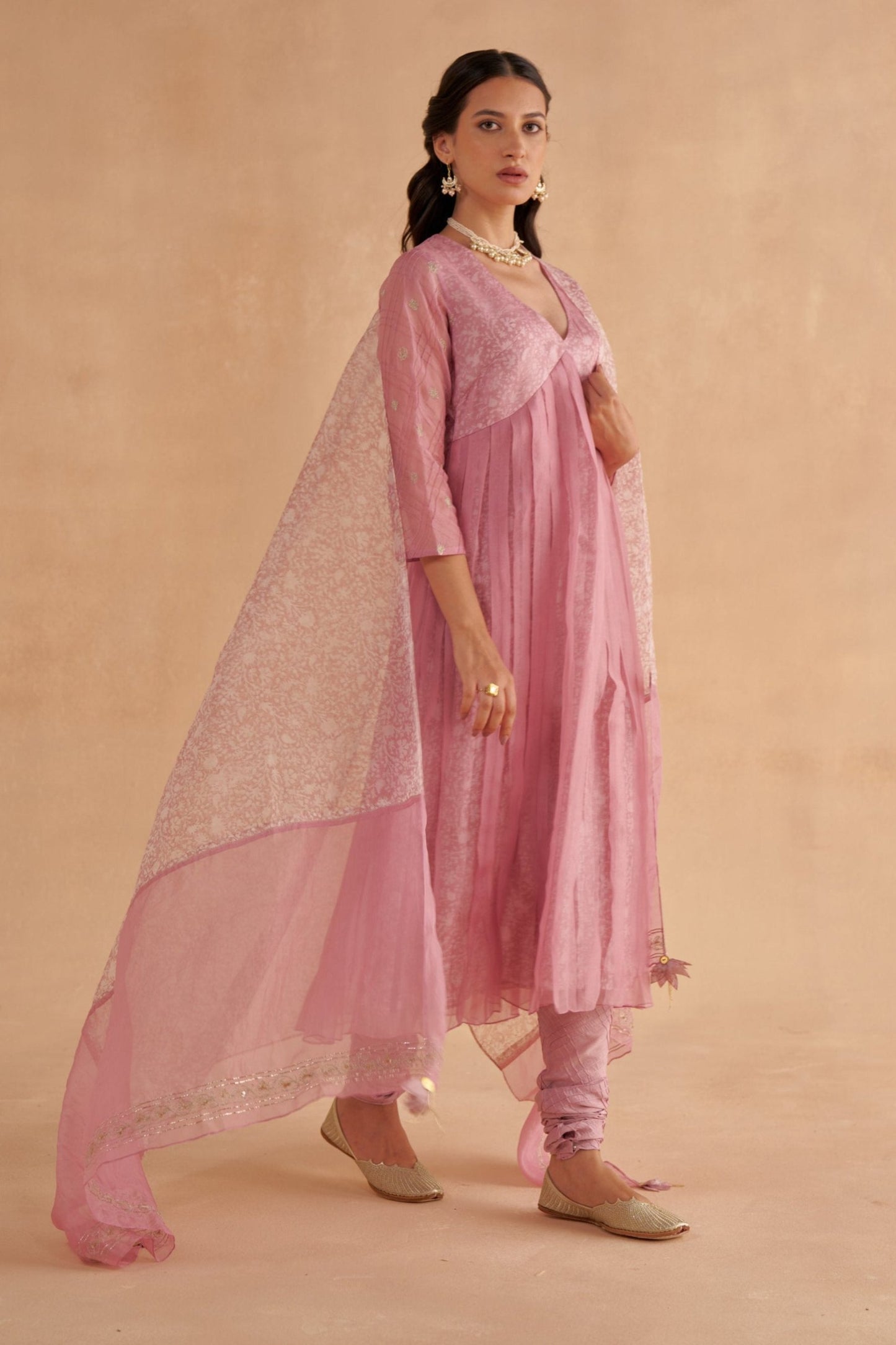 Blush Pink Organza Layered Kurta Set with Zardozi Embroidery and Patchwork Dupatta