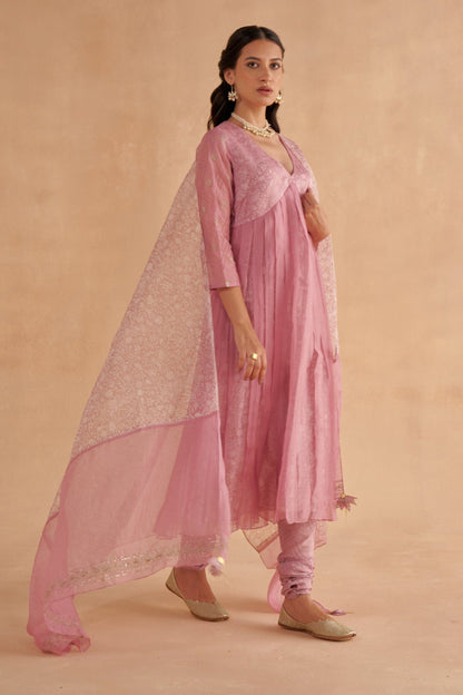 Blush Pink Organza Layered Kurta Set with Zardozi Embroidery and Patchwork Dupatta