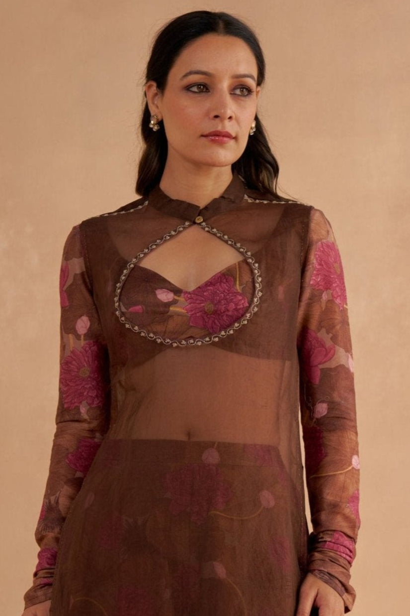 Walnut Brown Signature Print Flared Sharara Pant Set