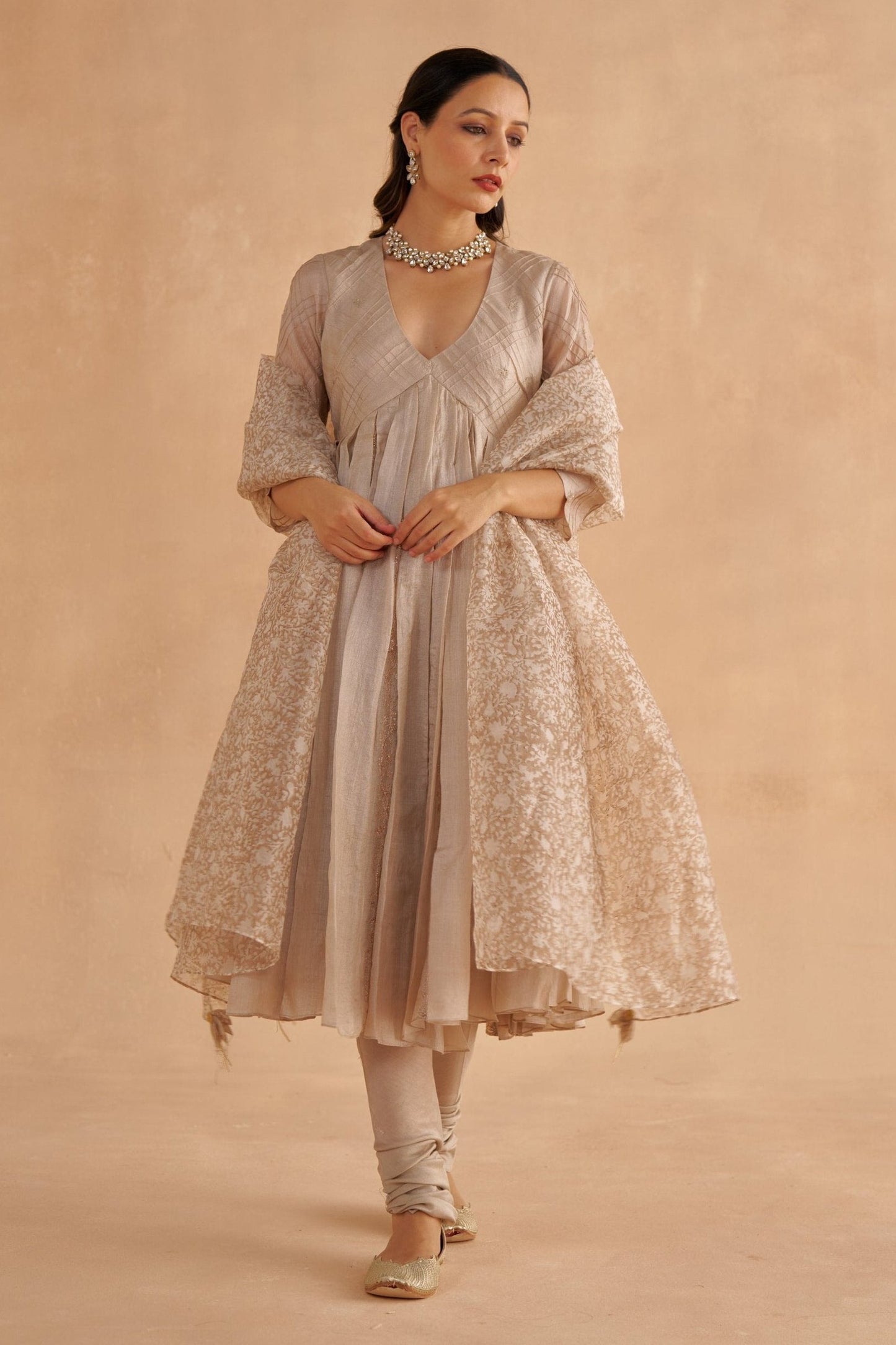 Warm Grey Embroidered Kalidar Kurta with Chanderi Churidar pants and Statement Organza Dupatta