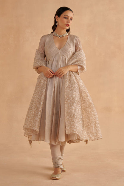 Warm Grey Embroidered Kalidar Kurta with Chanderi Churidar pants and Statement Organza Dupatta