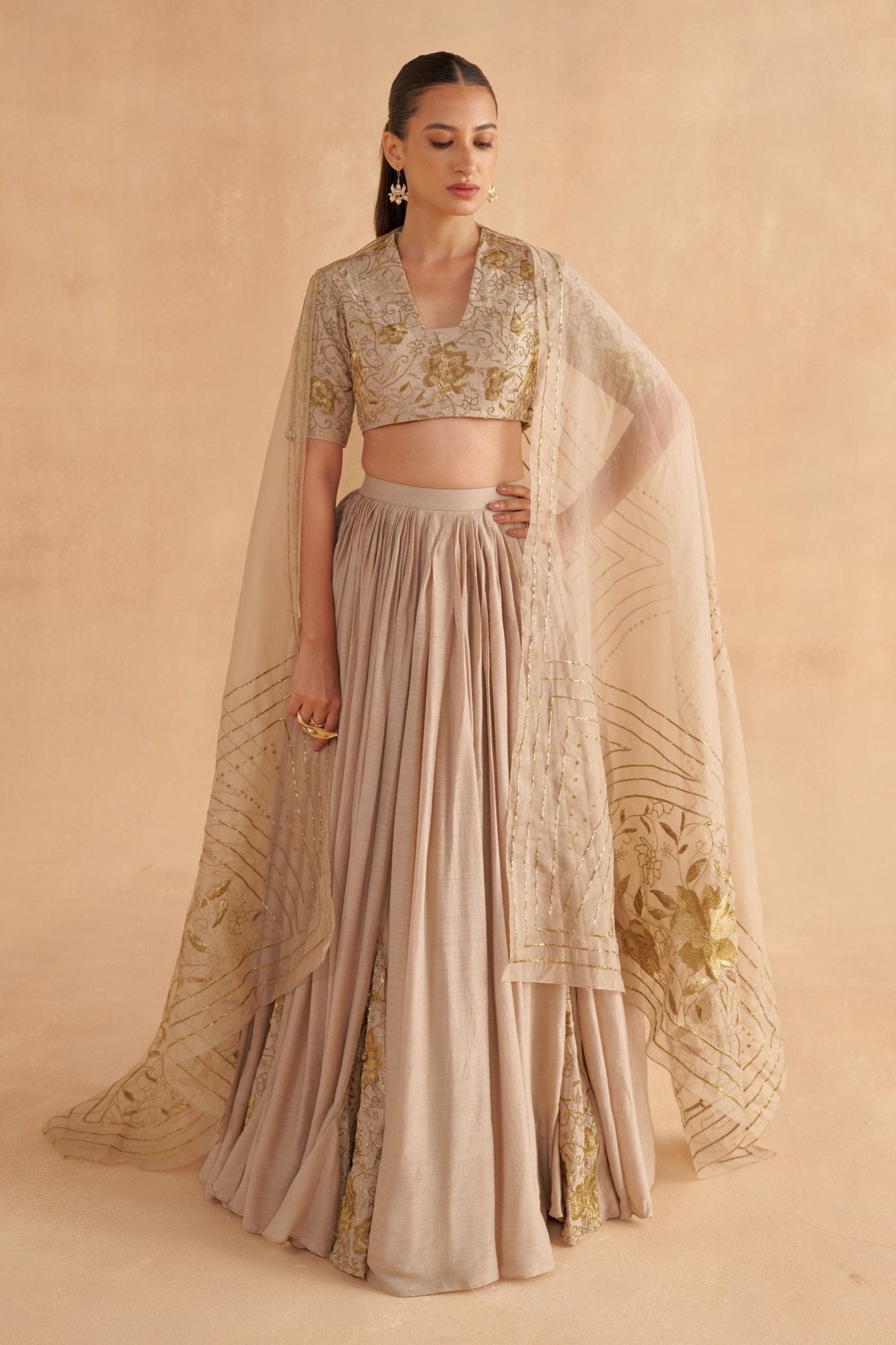 Warm Grey Moonga Silk Blouse with Zardozi Embroidery Silk Lehenga and Organza Dupatta
