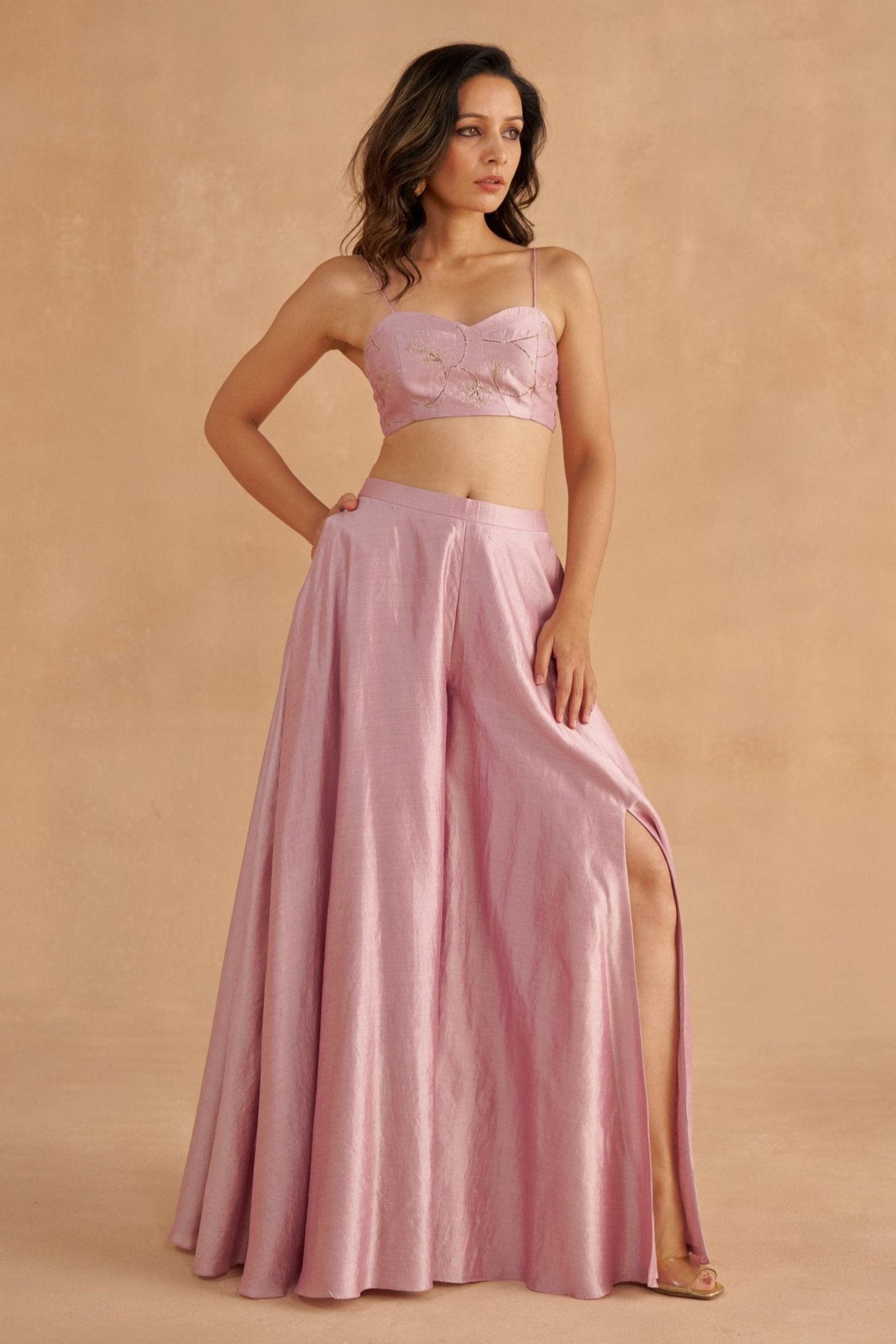 Soft Lilac Silk Blouse with Flared Sharara Pants