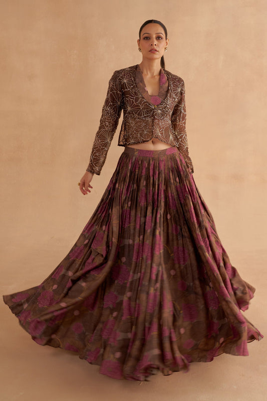 Dark Brown Organza Jacket with Lotus Motif Zardozi and Mukaish Embroidery