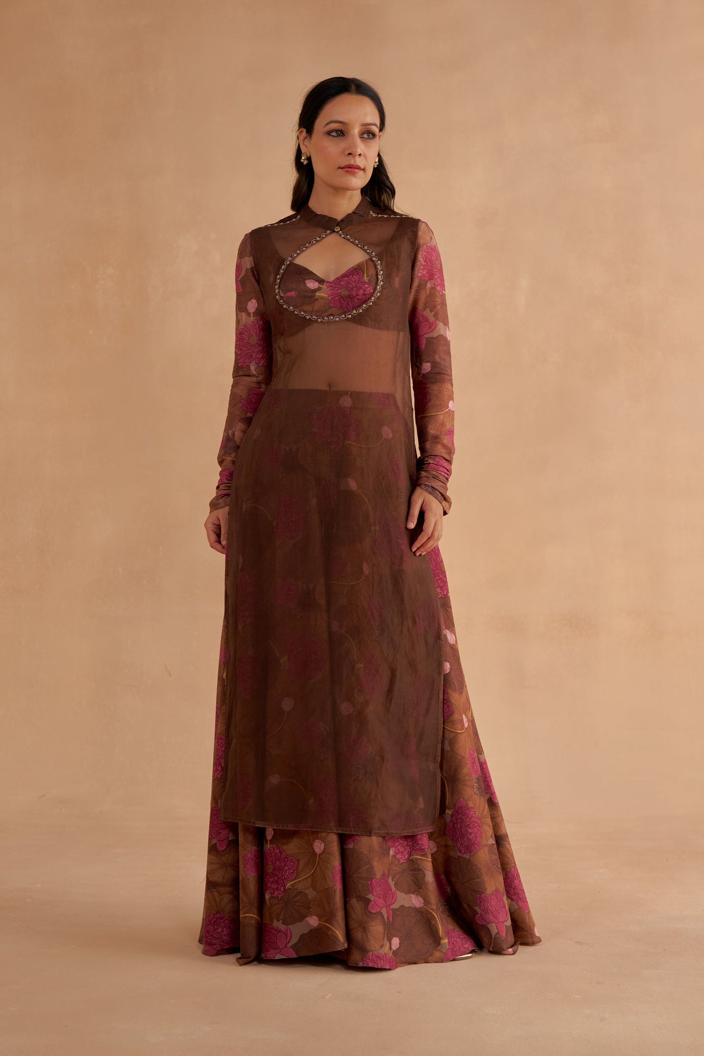 Walnut Brown Signature Print Flared Sharara Pant Set