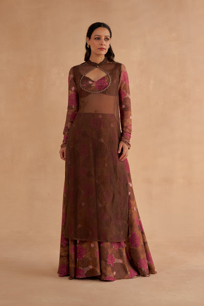 Walnut Brown Signature Print Flared Sharara Pant Set