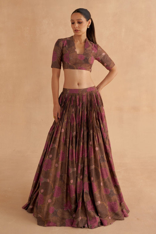Zardozi Embroidery Paired with Brown Silk Blouse and Lotus Printed Lehenga