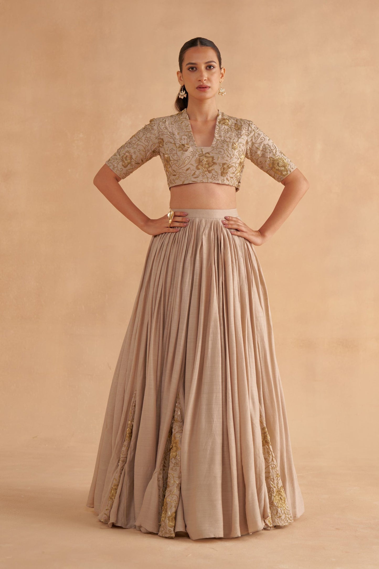 Warm Grey Moonga Silk Blouse with Zardozi Embroidery Silk Lehenga and Organza Dupatta