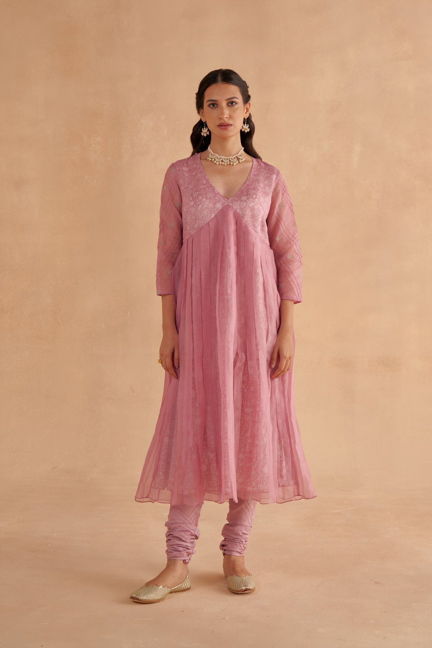 Blush Pink Organza Layered Kurta Set with Zardozi Embroidery and Patchwork Dupatta