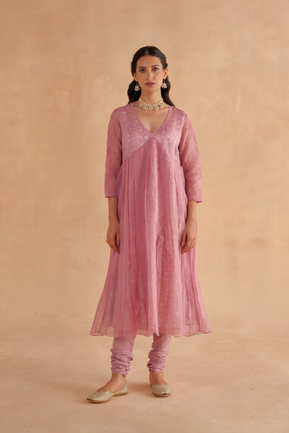 Blush Pink Organza Layered Kurta Set with Zardozi Embroidery and Patchwork Dupatta