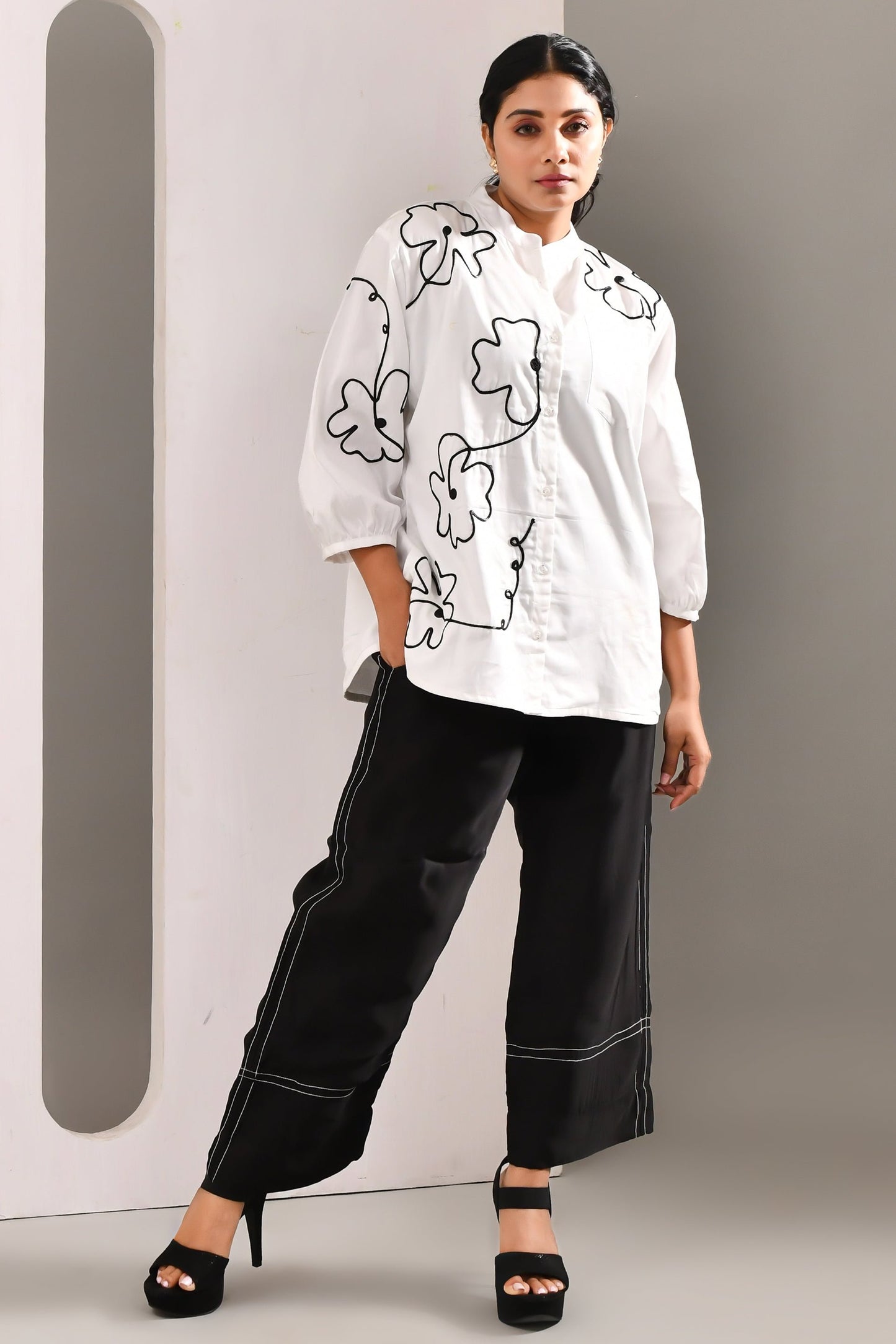 White Flower Patterned Blended Cotton Shirt - Golden Muslin