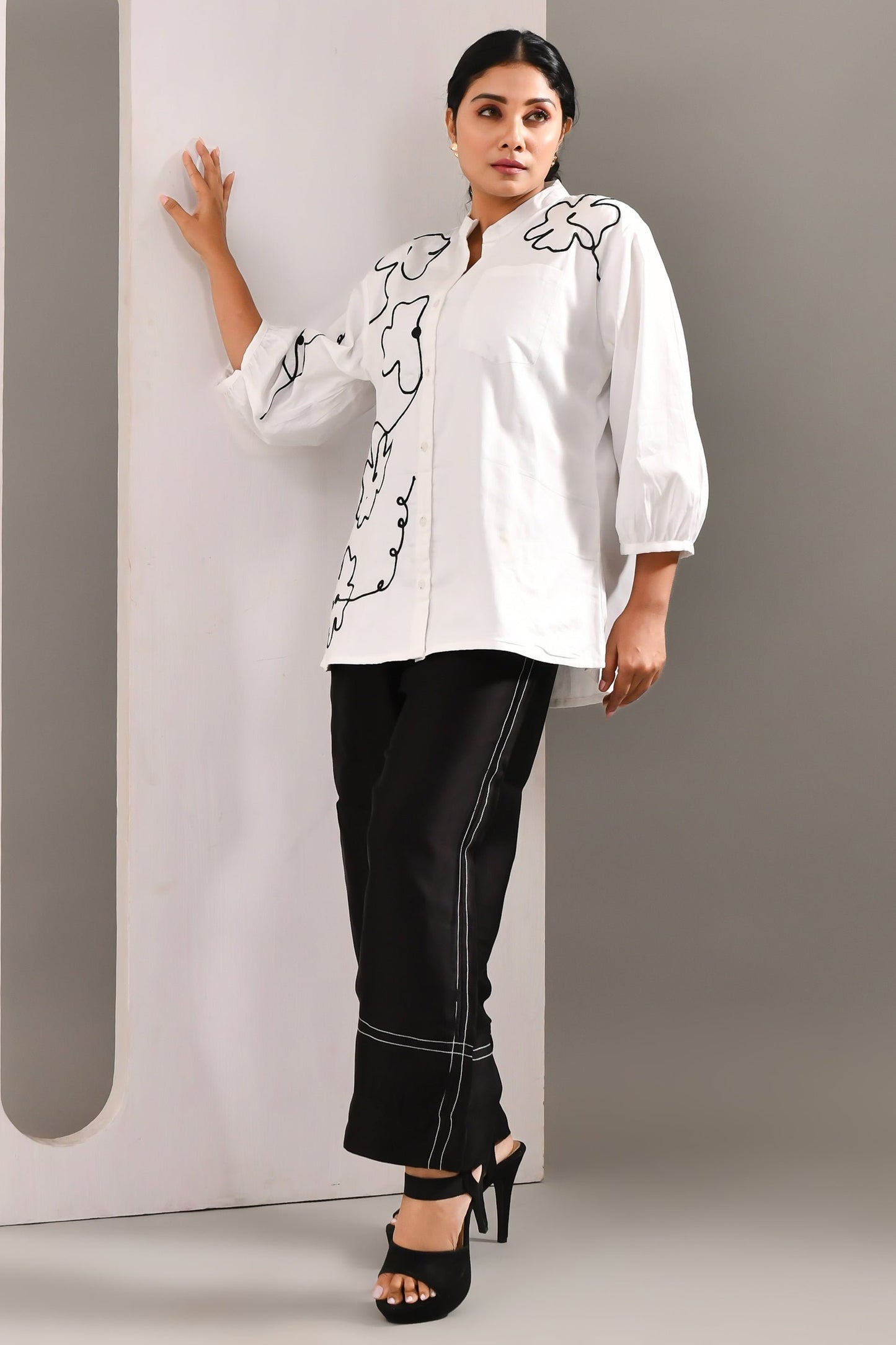 White Flower Patterned Blended Cotton Shirt - Golden Muslin