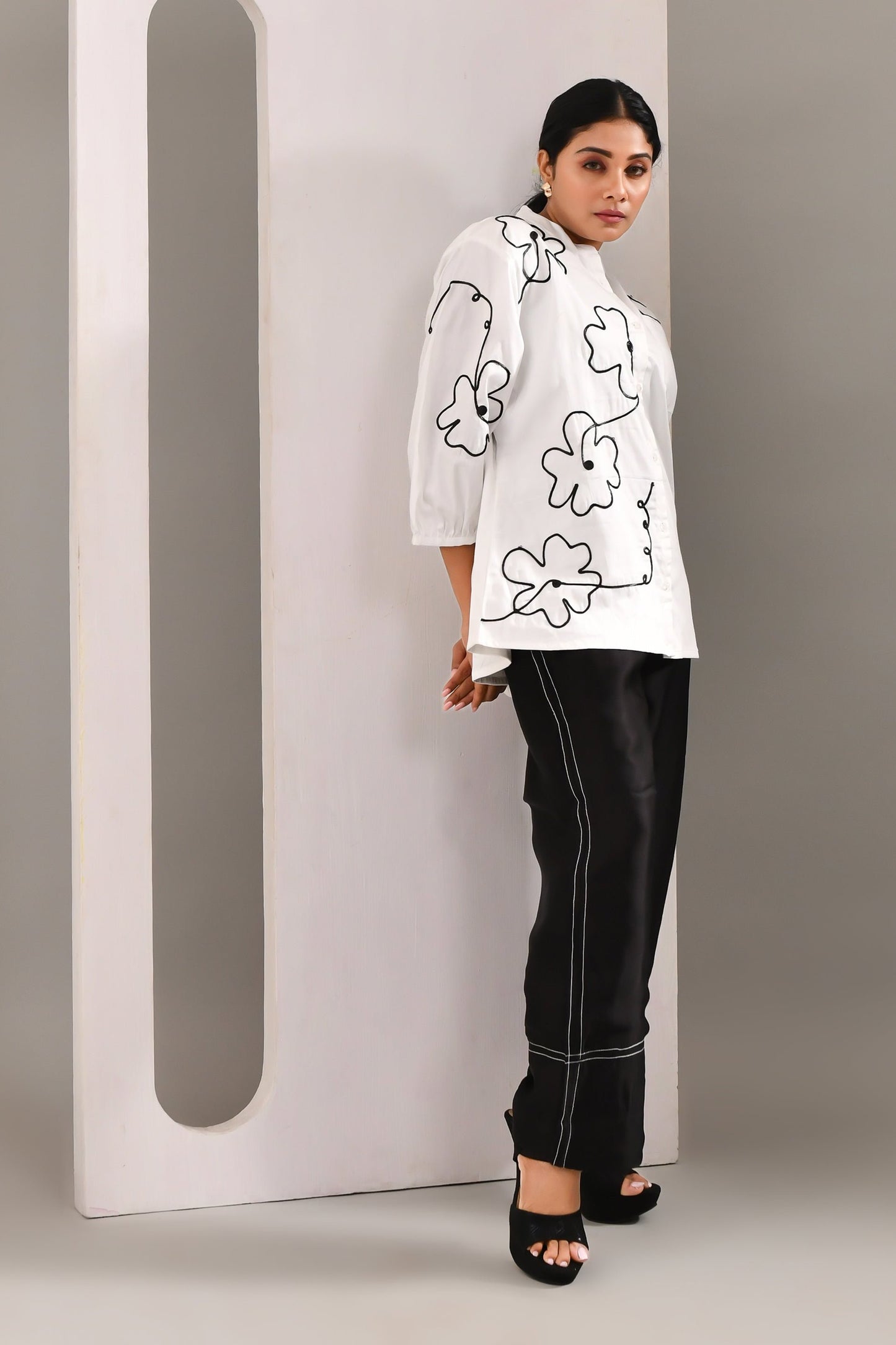 White Flower Patterned Blended Cotton Shirt - Golden Muslin