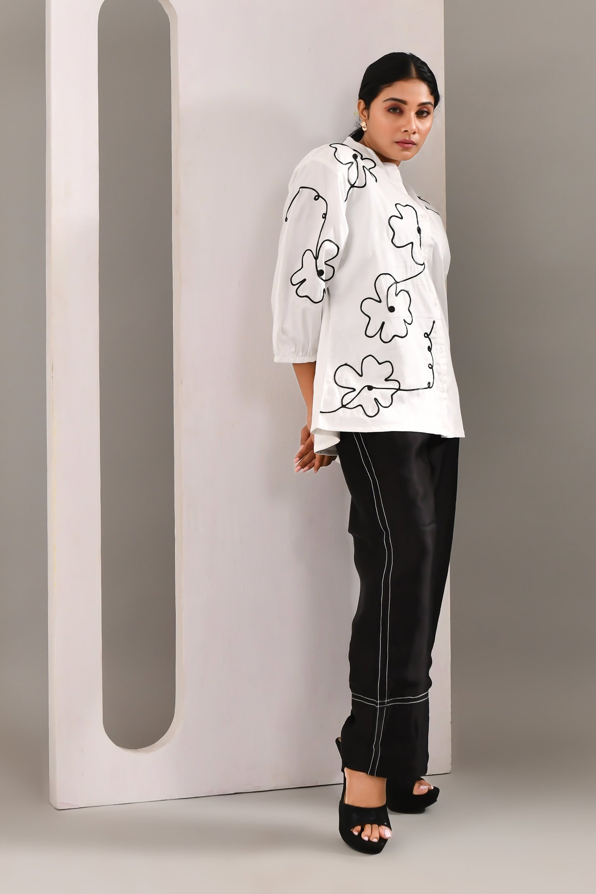 White Flower Patterned Blended Cotton Shirt - Golden Muslin