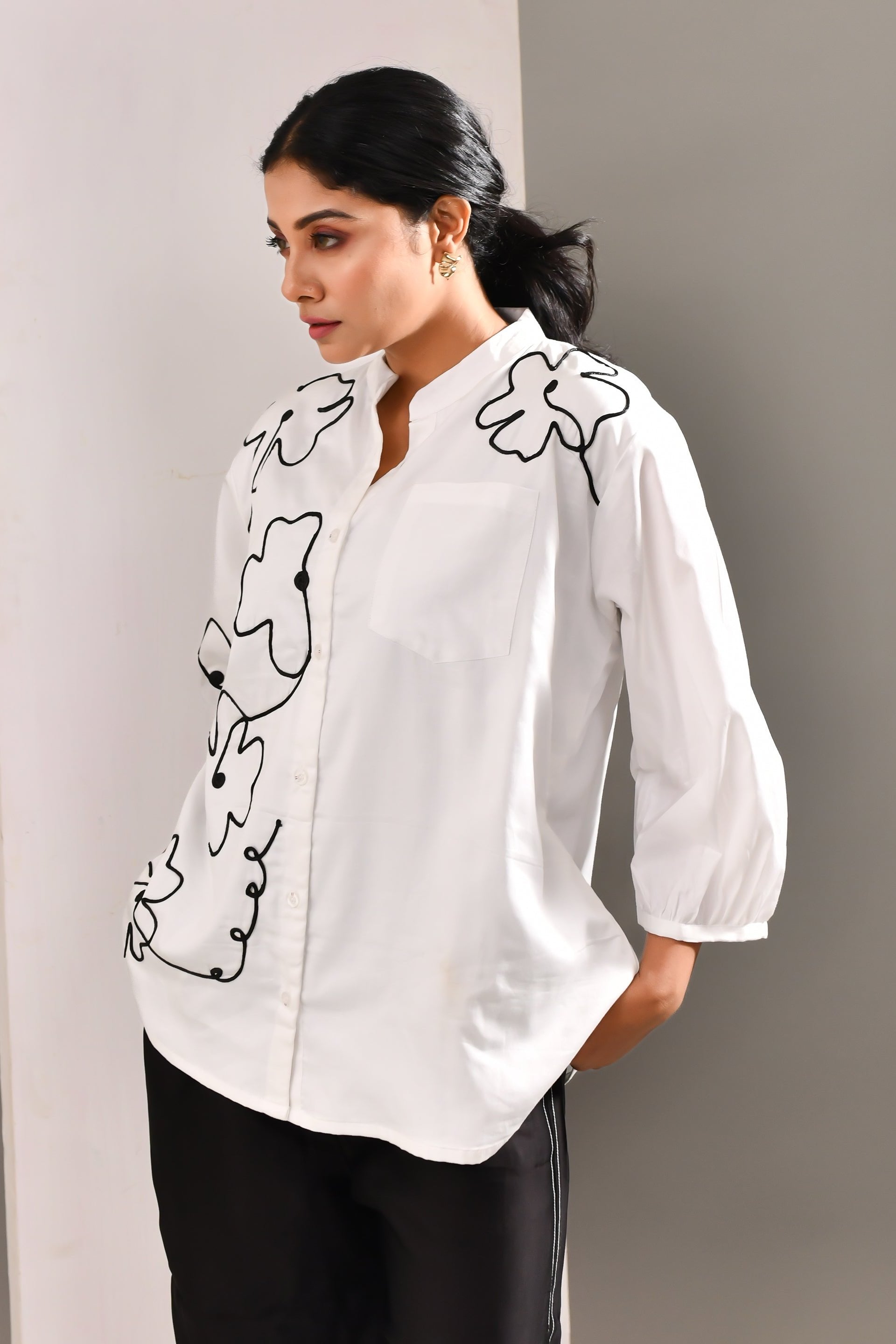 White Flower Patterned Blended Cotton Shirt - Golden Muslin