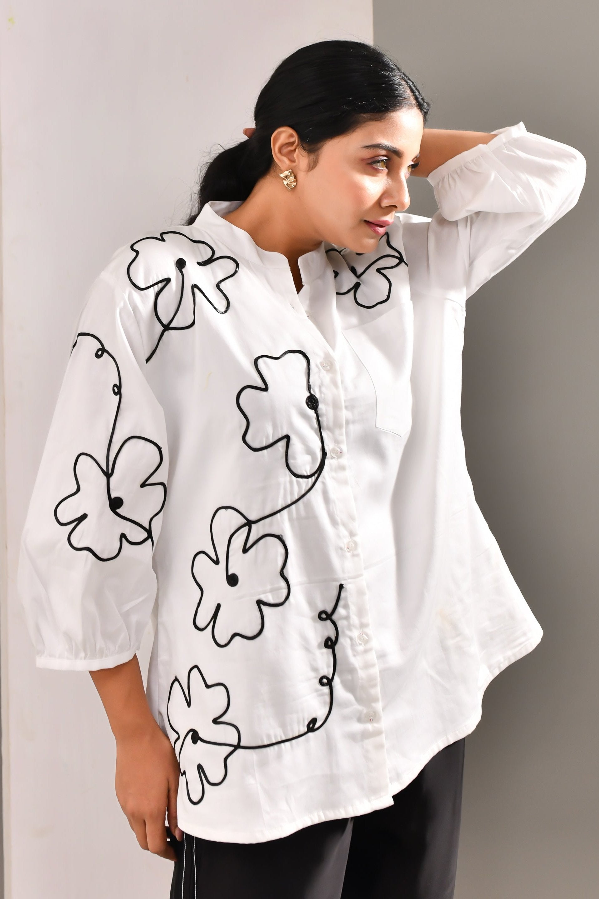 White Flower Patterned Blended Cotton Shirt - Golden Muslin