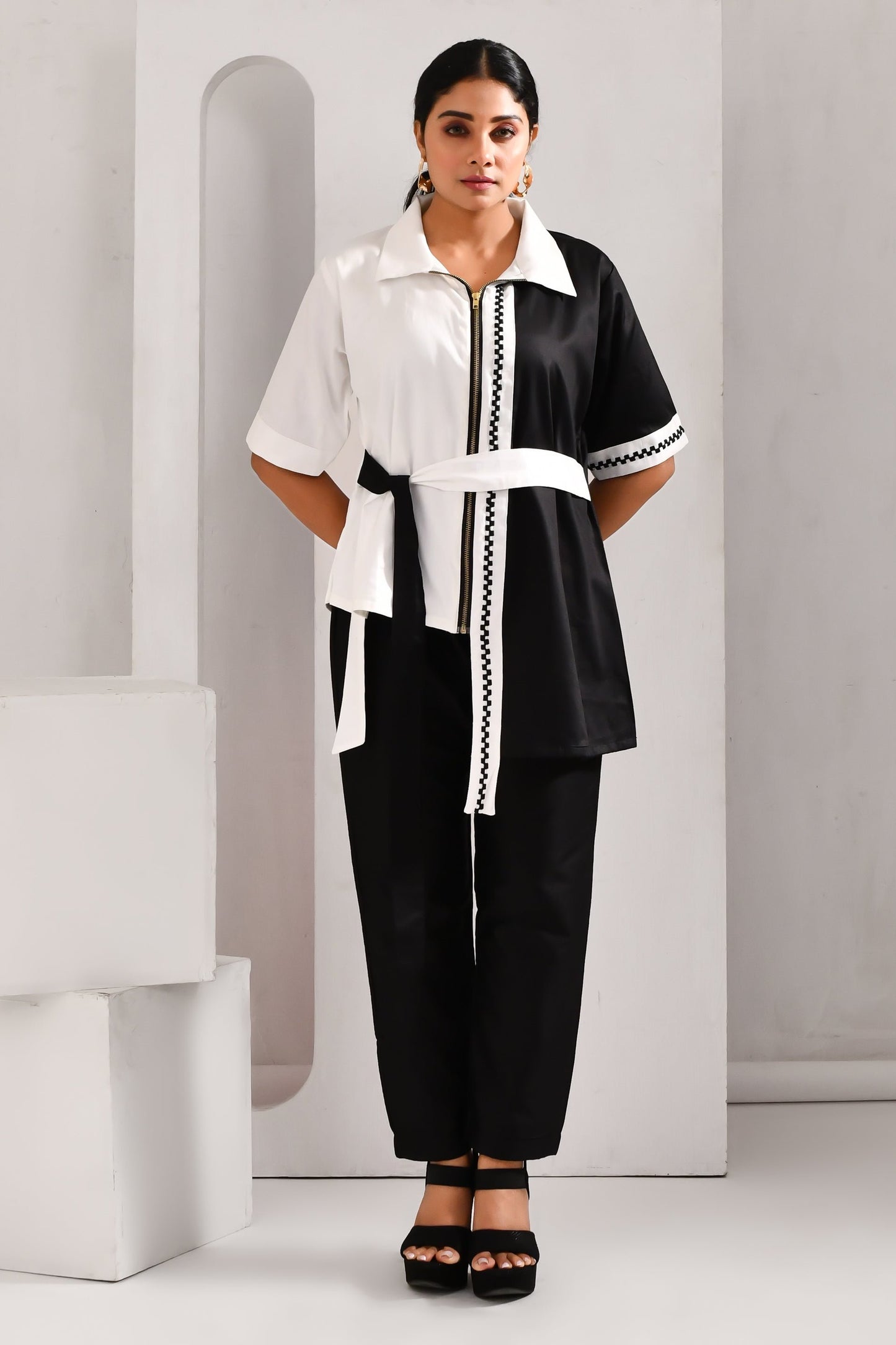 White & Black Blended Cotton Tie-up Style Asymmetric Shirt - Golden Muslin