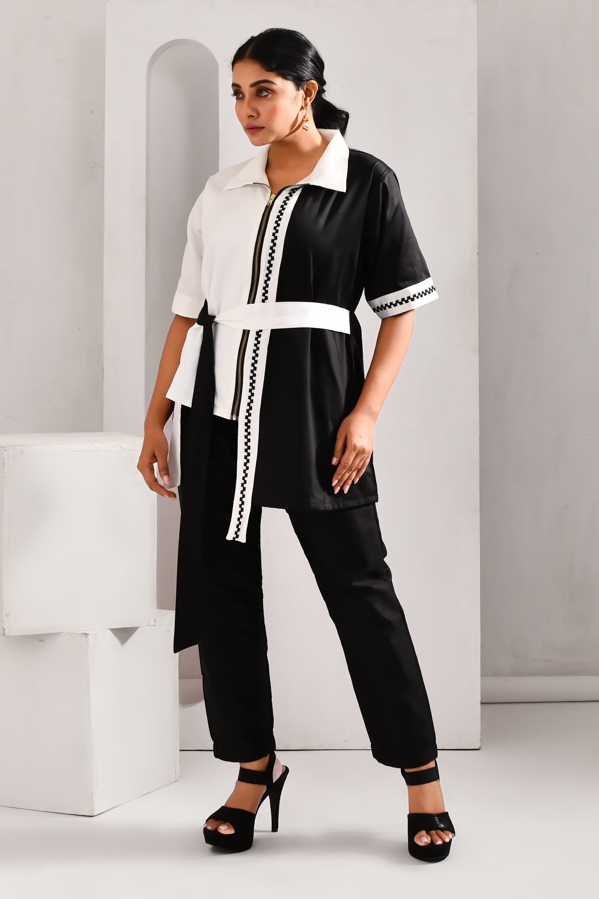White & Black Blended Cotton Tie-up Style Asymmetric Shirt - Golden Muslin