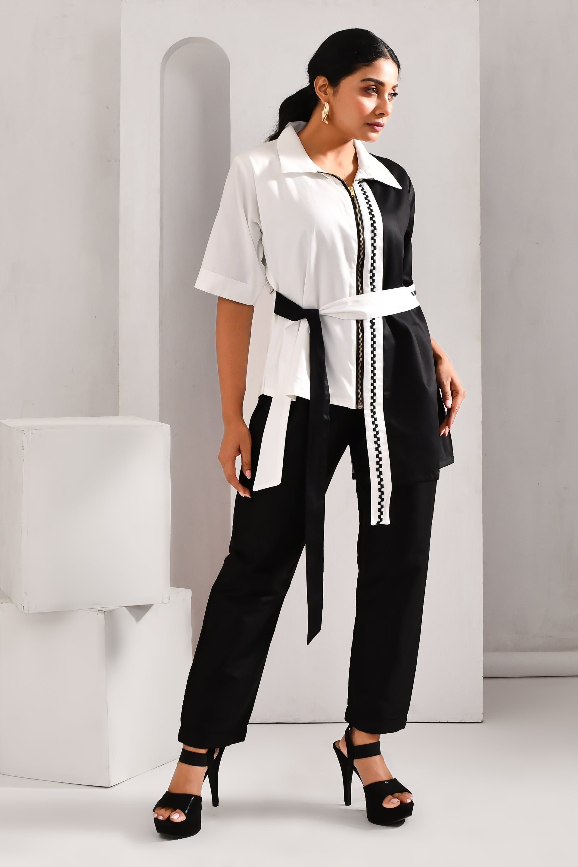 White & Black Blended Cotton Tie-up Style Asymmetric Shirt - Golden Muslin