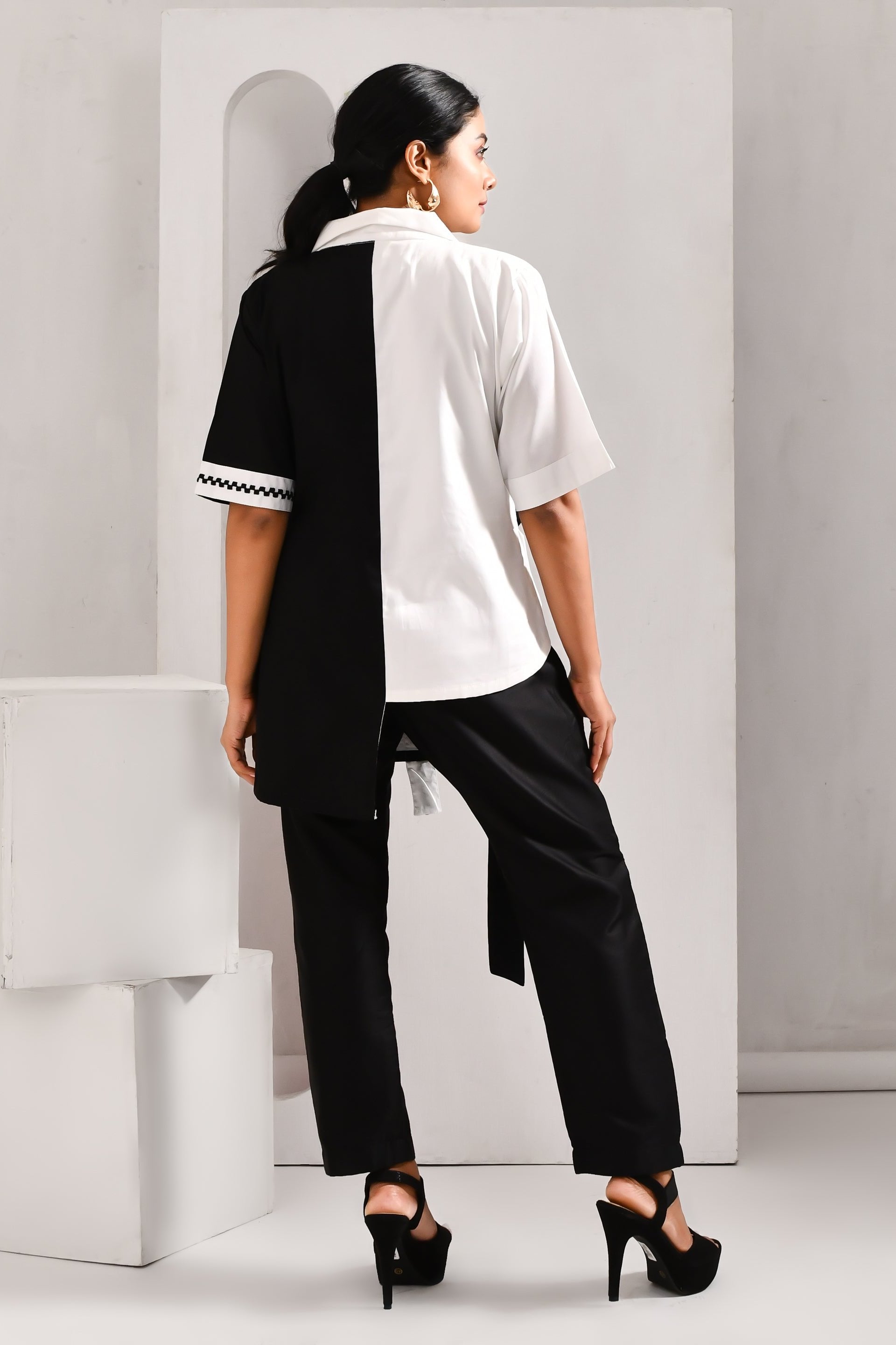 White & Black Blended Cotton Tie-up Style Asymmetric Shirt - Golden Muslin