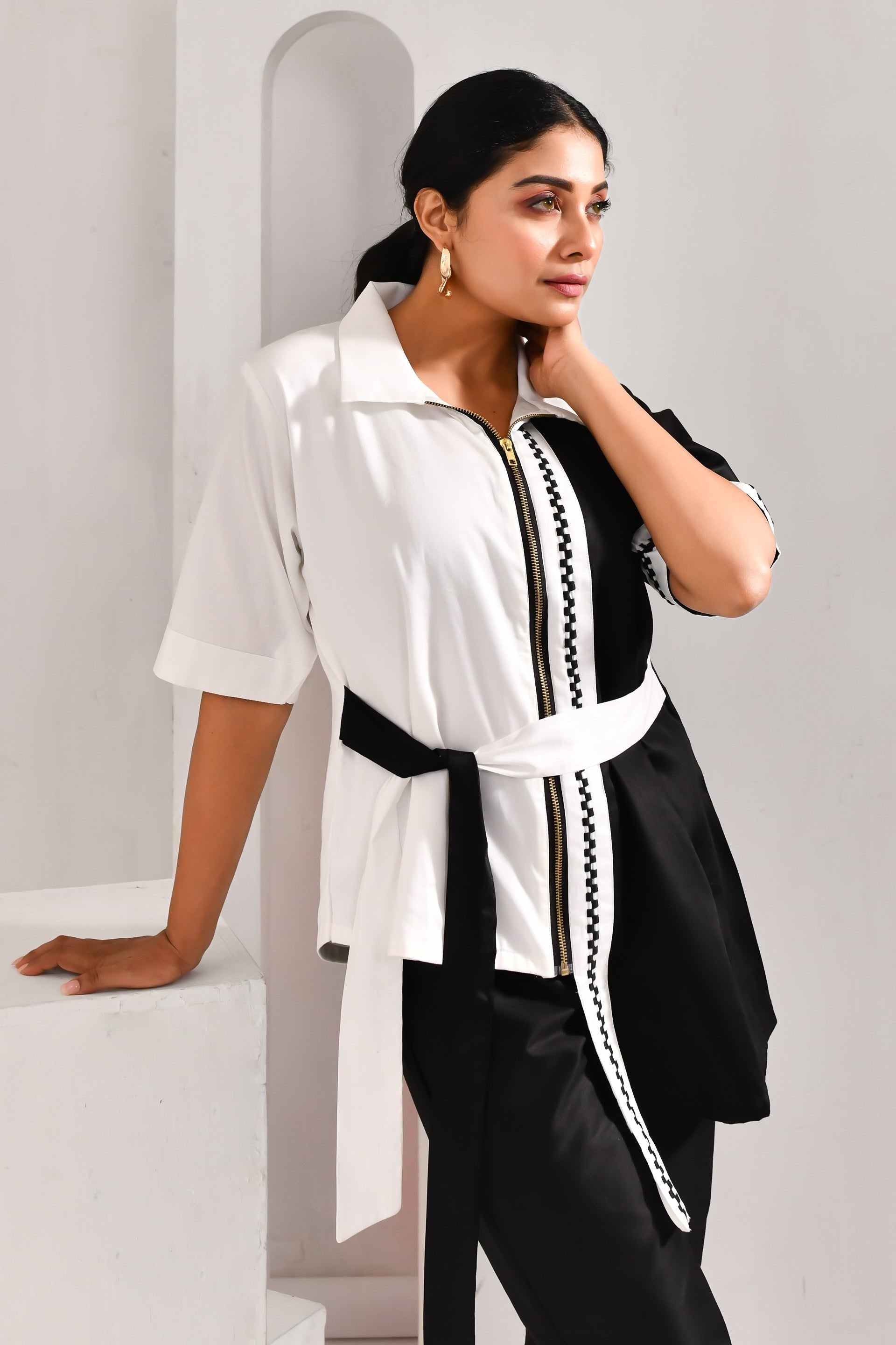 White & Black Blended Cotton Tie-up Style Asymmetric Shirt - Golden Muslin