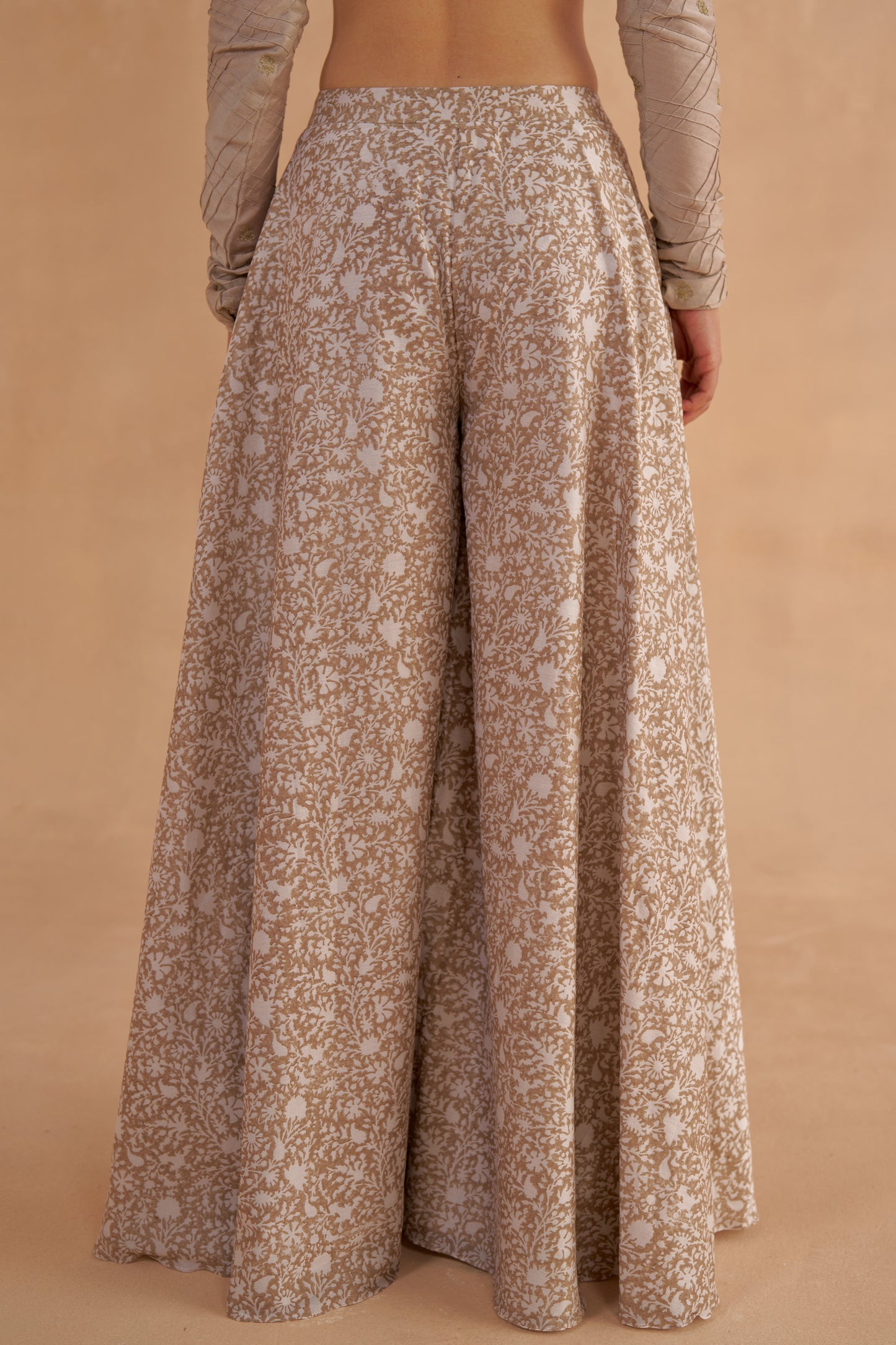 Warm Grey Chanderi Embroidered Bustier Blouse with Sheer Kurta and Flared Pants