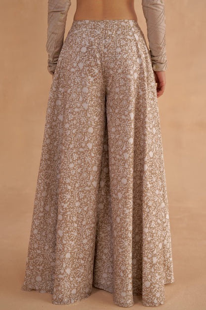 Warm Grey Chanderi Embroidered Bustier Blouse with Sheer Kurta and Flared Pants