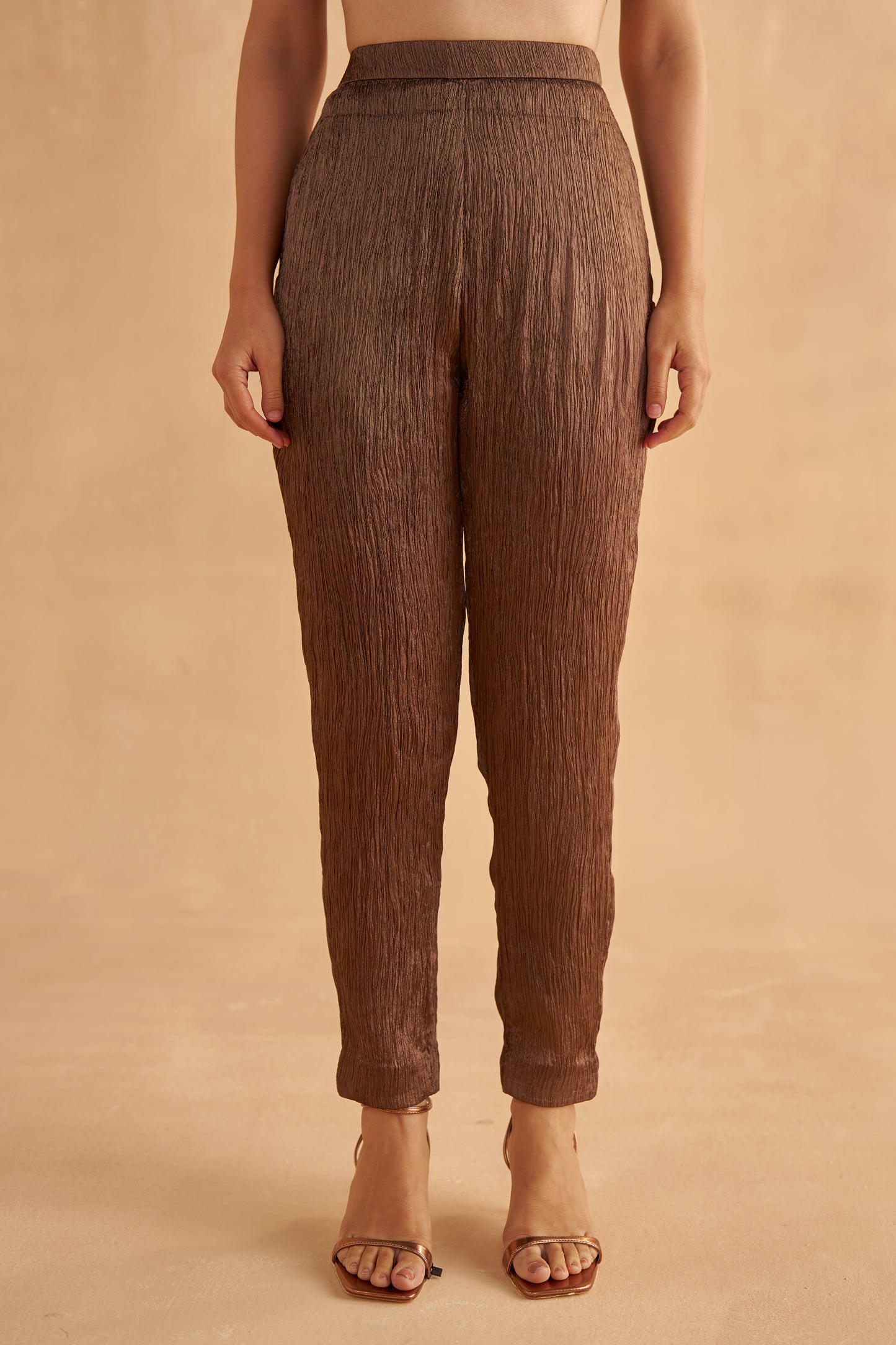 Walnut Brown Crushed Dress with Lotus-Printed Organza Overlay and Dark Brown Silk Pants with an Embroidered Bustier Blouse