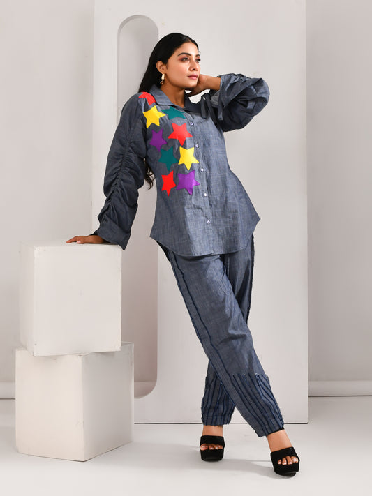 Denim Blue Blended Cotton Contrasting Star Designed Shirt